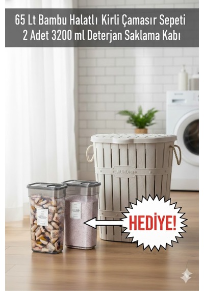65 Lt Bambu Halatlı Kirli Çamaşır Sepeti & 2 Adet 3200 Ml Deterjan Saklama Kabı Hediyeli Set Beyaz - 786898983 Beyaz