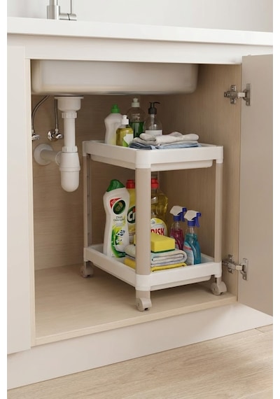 2 Katlı Tekerlekli Tezgah Altı Raf Düzenleyici Organizer, Banyo Lavabo Altı Düzenleyici "antrasit" Beyaz