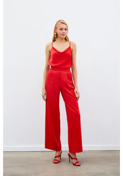 Sateen Askılı Degaje Yaka Bluz Kırmızı