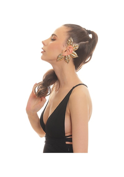 Kadın Altın Renk Lak Kaplama Zirkon Taşlı Dokulu Yaprak Stilizesi Sol Kulak Earcuff&kıkırdak Küpe Çok Renkli