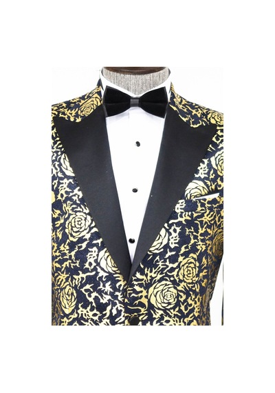 Wessi Gold Gül Desenli Slim Fit Lacivert Erkek Smokin Ceket Lacivert