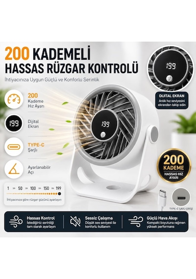 Masaüstü Usb Fan, 200 Kademeli Dijital Hız Ayarlı Mini Vantilatör, Type-c Şarjlı, Led Ekranlı, Sessiz Çalışma