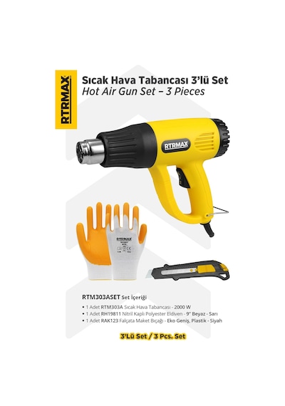 Rtrmax RTM303ASET Sıcak Hava Tabancası 2000W Eldiven + Falçata + Maket Bıçağı 3'lü Set Rtrmax RTM303ASET Sıcak Hava Tabancası 2000W Eldiven + Falçata + Maket Bıçağı 3'lü Set