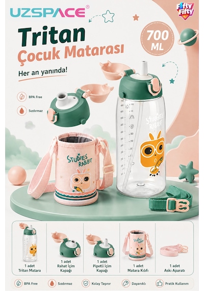 700 Ml Büyük Boy Kılıflı 2 Ayrı Kapaklı Pipetli / Pipetsiz Tritan Su Matarası Yavruağzı-yeşil
