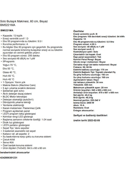 Profilo BM5221MA 5 Programlı 13 Kişilik Bulaşık Makinesi