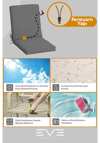 Eve Tekstil Bahçe - Salon - Balkon Arkalıklı Fermuarlı Bağlanabilir Yıkanabilir Sandalye Minderi 8 Adet Gri