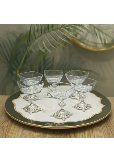 Elta Collection Karen 6 Parça Döküm Gümüş Ayaklı Sunumluk Seti Magnolia Dondurmalık Cup Çerezlik gümüş