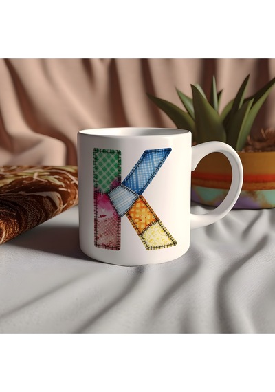 K Harfi Renkli Yamalı Tasarım Kupa Bardak - Bohem Patchwork Desenli Kupa - Etnik Hediyelik Beyaz