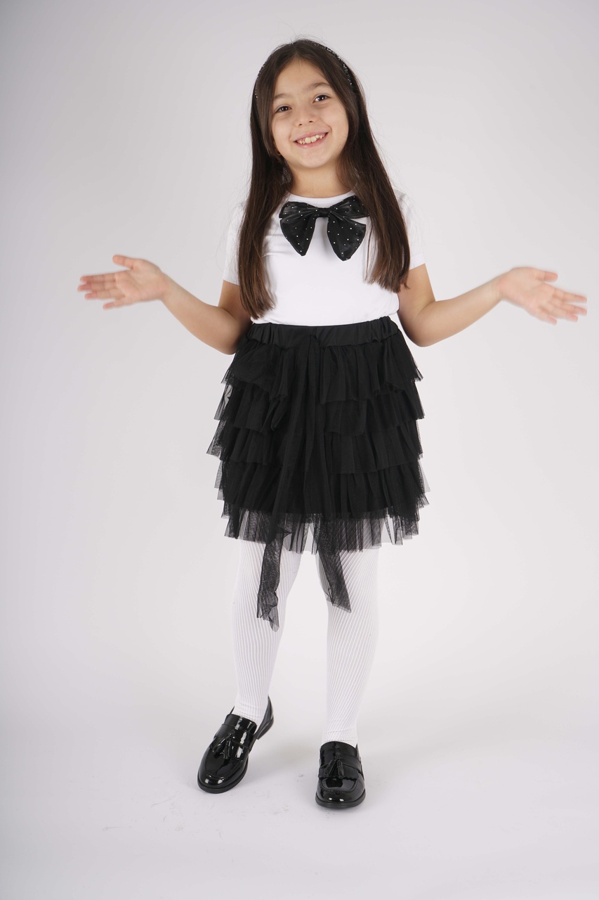 Miniko Kids 23 Nisan 29 Ekim Konsept Fiyonk Detaylı Tül Detaylı Kat Kat Tütü Etekli Takım Siyah