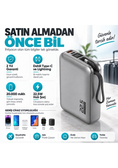 Xcharge 20000 Mah 22.5w Hızlı Şarj Powerbank Kendinden Kablolu Type-c Lightning Gümüş