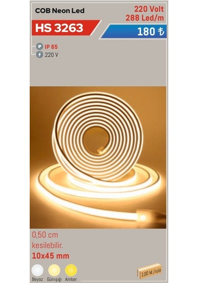 Cob Neon Led, Günışığı, 10x45mm Hs 3263 5 Metre