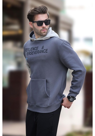 Madmext Füme Kapüşonlu Cep Detaylı Baskılı Erkek Sweatshirt 7058-füme Füme