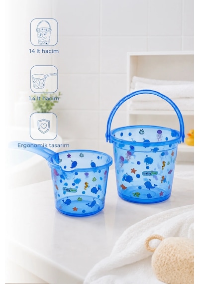 Babyjem Şeffaf Kova & Maşrapa Set Mavi Desenli