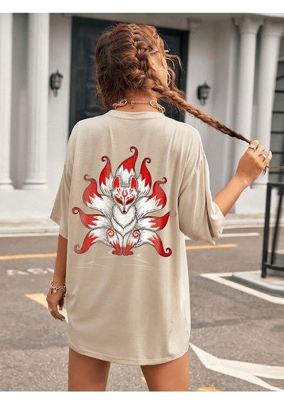 Uyguntarz Unisex Kuyruklu Tilki Tasarım Basklı Tshirt Bej