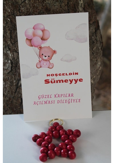 30 Adet Ahşap Yıldız Anahtarlık - Bebek Hediyelik - Kartlı