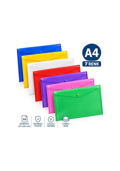 Tr A4 Çıtçıtlı Zarf Dosya 7, Çok Renkli