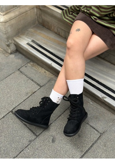 Siyah Süet Otis İçi Kürklü Barefoot Bağcıklı Kadın Bot-6530