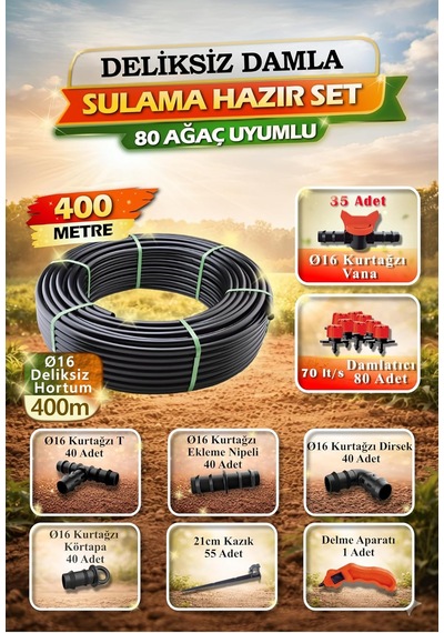 400 Metre 16mm Deliksiz Damla Sulama Hazır Set 80 Damlatıcılı Hs0007