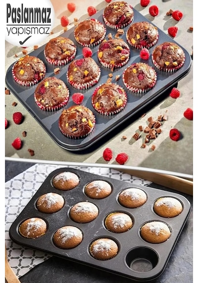 Paslanmaz Yapışmaz Çelik 12'li Muffin Kek Kalıbı 26x 38 Cm Cupcake Kalıbı 1. Sınıf Malzeme Kek Kalıp Siyah