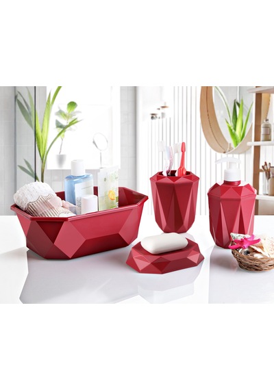 Geometrik Tasarımlı 4 Lü Banyo Seti Sabunluk Diş Fırçalık, Sıvı Sabunluk Sepet Bordo