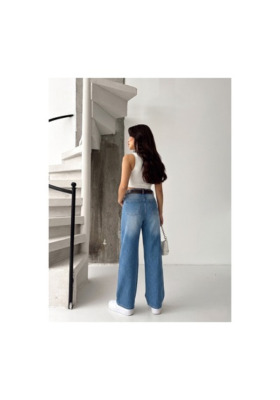 Kene Jeans Mavi İşlemli Kemerli Likralı Bol Paça Denim Pantolon Mavi İşlemli