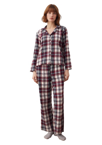 Ersefa Kadın Flanel Ekose Pijama Takımı Gömlek Yaka Uzun Kollu Fonksiyon Çok renkli