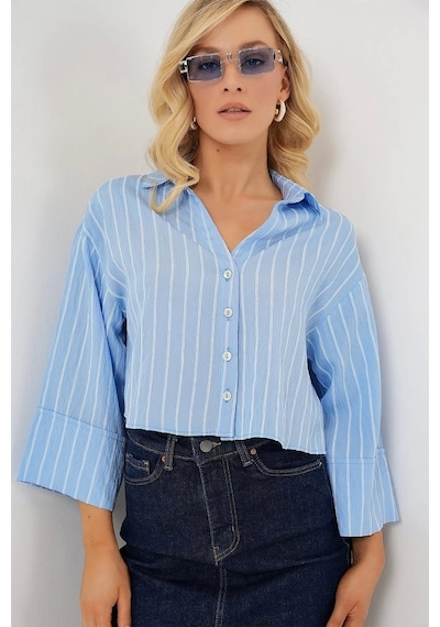 Defymoda Çizgili Oversize Kısa Gömlek 20326 - Mavi Mavi
