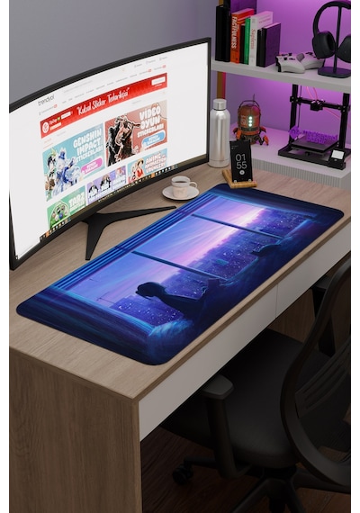 Dijital Kedili Kız V1 90x40 Xxl Gaming Kauçuk Kaymaz Taban Mouse Pad Fare Altlığı