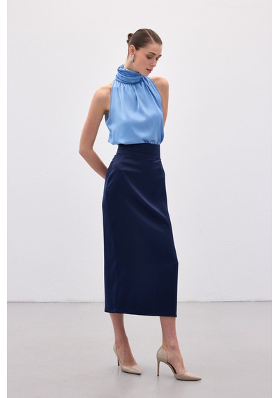 Sateen Bel Pile Detaylı Saten Etek - Lacivert-136551 Lacivert