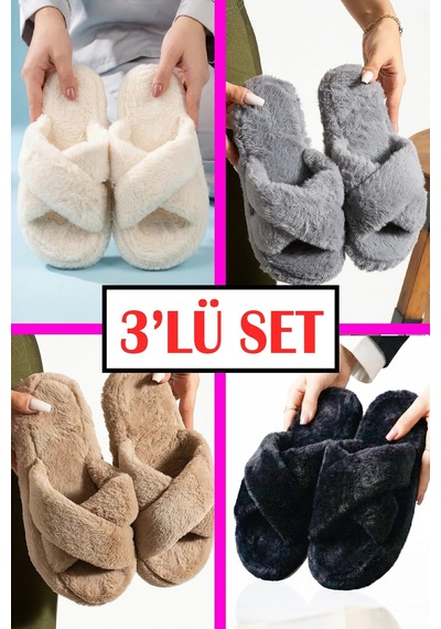 3 Lü Avantajlı Paket Kışlık Peluş Desenli Sessiz Ortopedik Taban Çeyiz Misafir Ev Terliği Seti 3'lü Lori