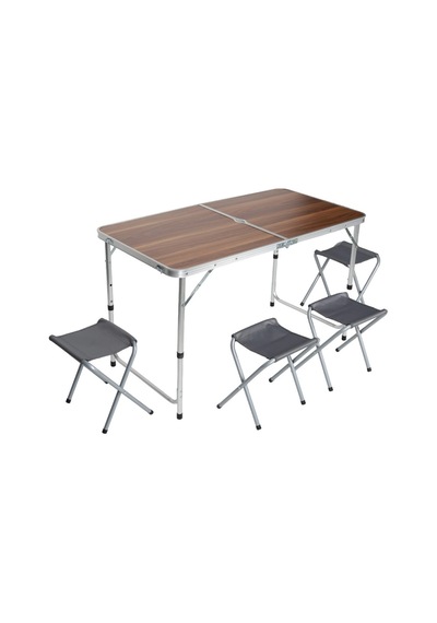 Uniqamping Çanta Tipi 4 Tabureli Ahşap Desenli Katlanır Kamp Masa Seti Çok Renkli