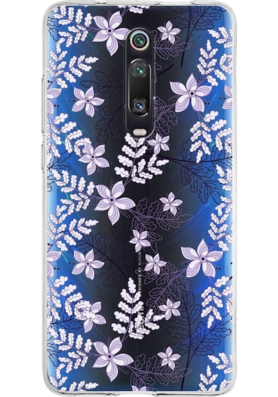 Xiaomi Mi 9t Pro Uyumlu Kapak Floral Lila Tasarımlı Şeffaf Silikon Kılıf