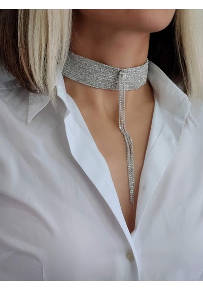 Eva Takı Store 15 Sıralı Zincir Dokuma Sallantılı Vücut Tasma Choker El Yapımı Kolye Silver