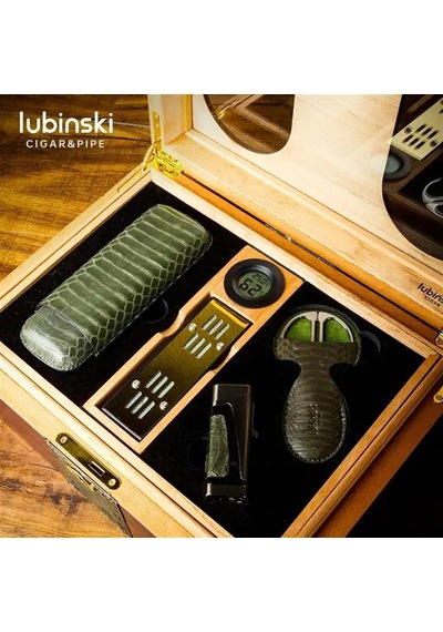 Lubinski Camlı Yılan Deri Ahşap Humidor Puro Kutusu Çakmak-kesici-kılıf Set
