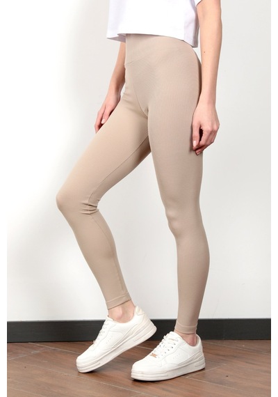 Giysa Toparlayıcı Taş Rengi Kadın Kaşkorse Fitilli Spor Yoga Tayt - 4102 Taş