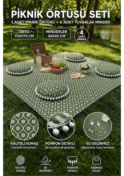 Piknik Örtüsü Seti Su Geçirmez Minderli Ponponlu Leke Tutmaz Kamp Örtüsü Yeşil Çiçekli 170x170cm Çok Renkli Piknik Örtüsü Seti Su Geçirmez Minderli Ponponlu Leke Tutmaz Kamp Örtüsü Yeşil Çiçekli 170x170cm Çok Renkli