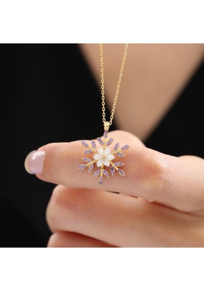 Mia vento Ametist Taşlı Kar Çiçeği Gold Renk Flowers Gümüş Kolye