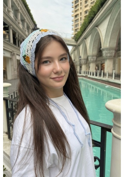 Kadın Yazlık Örgü Bandana Mavi Retro Çiçek İşlemeli Saç Aksesuarı Açık Mavi