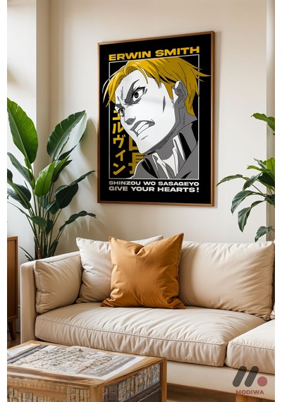 Attack On Titan Erwin Smith Anime Poster, Ahşap Çerçeveli Duvar Tablosu - Anime Severlere Özel Hediy