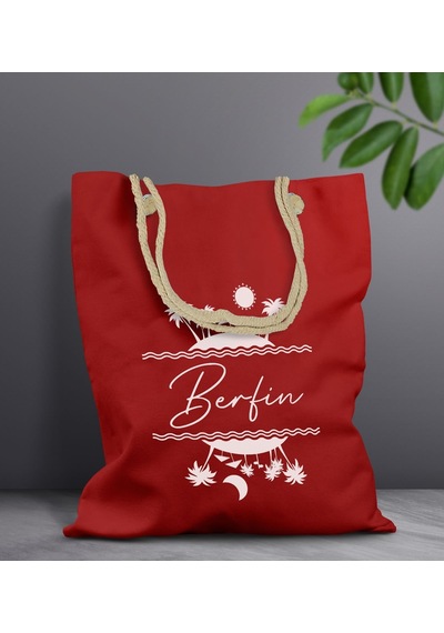 Bk Gift Kişiye Özel Yaz Temalı İsimli Kırmızı Halat Saplı Kumaş Plaj Çantası -1, Baskılı Omuz Çantası, Alışveriş Çantası, Arkadaşa Hediye, Sevgiliye H Haki