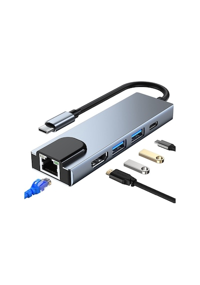 Tr-12 4K Hdtv - Rj45 5 Port Type-C To 100 Mbps Apple Uyumlu MacBook Hub