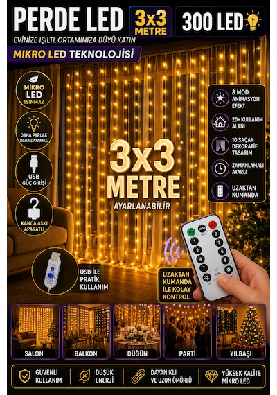 Light Home 3x3 Metre 300 Led Usb Kumandalı Perde Led Sarı Gün Işığı