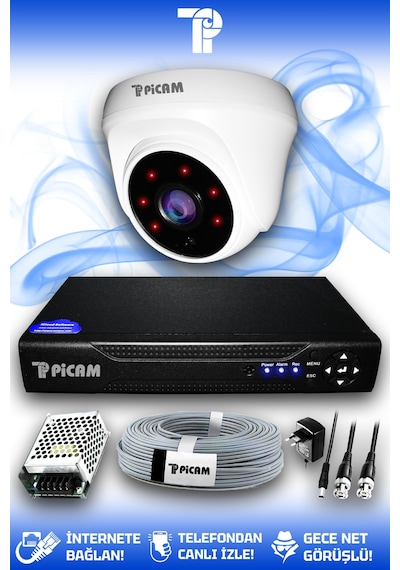 Picam 1 Kameralı Dome 1 İç Kamera Set HDD'siz Full HD Gece Görüşlü Güvenlik Kamerası Sistemi