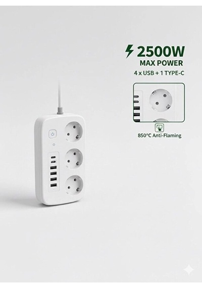2500w Çoklu Priz 2 Metre 3 Lü Ac Priz +5 Usb Çıkışı Akım Korumalı Alev Almayan Gövde, Standart