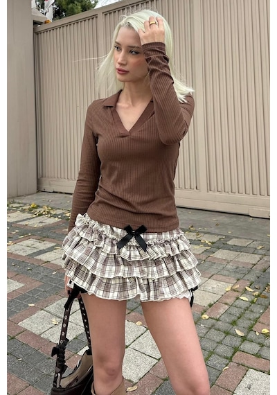 Madmext Acı Kahve Polo Yaka Fitilli Kadın Body Mg2566 Acı Kahverengi