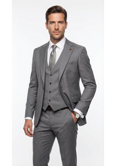 Erkek Klasik Slim Fit Takım Elbise Notch Yaka, Yaka Punto Dikişli, Tek Düğmeli, Çift Yırtmaçlı Gri