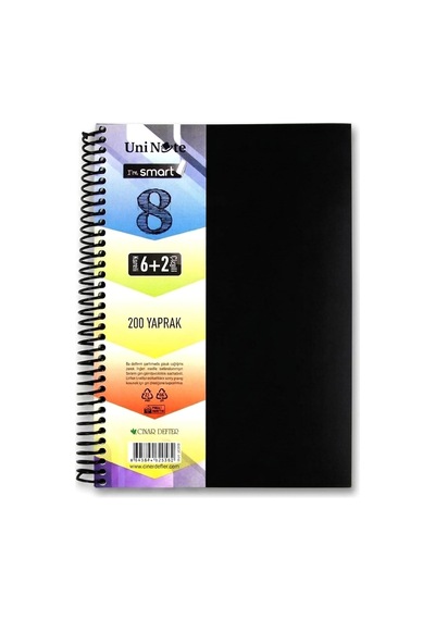 Uninote I'm Smart Spiralli 6+2 Ayraçlı 400 Sayfa Defter 8 Bölmeli 200 Yaprak 6 Bölüm Kareli 2 Bölüm Çizgili Sert Kapak Akıllı Tasarım Karışık Renklerde