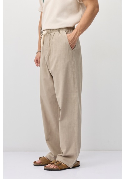 Vamos Bağcıklı Baggy Fit Keten Pantolon Bej