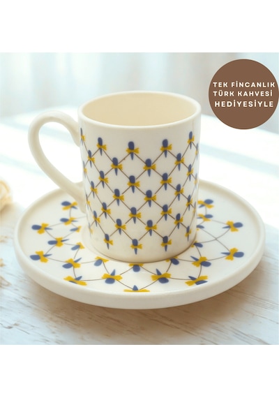 Lacivert Motifli Geometrik Desenli 6 Kişilik Kahve Fincan Takımı Lacivert