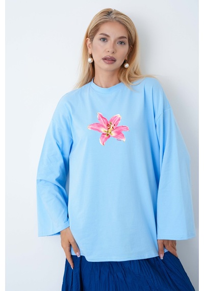Medinenur Kadın Lily Çiçeğ Baskılı Uzun Kollu Oversize Body Mavi